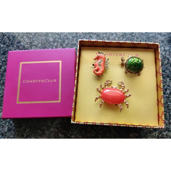 Charter Club Brooch Ocean Boxed Set Crab & Seahorse & Turtle Read! - Picture 2 of 10